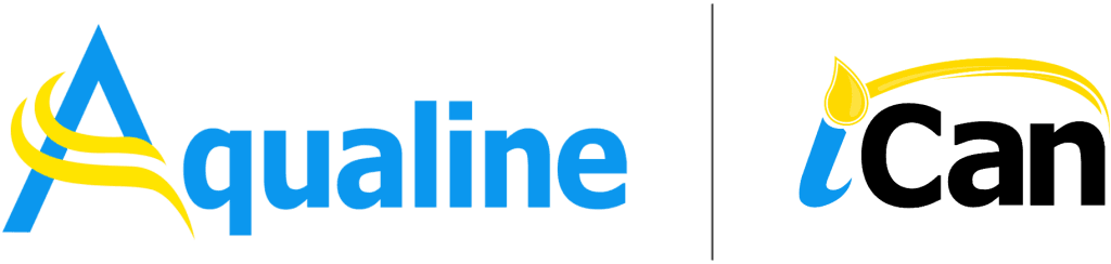 Aqualine logo: blue wordmark with a stylized yellow ribbon wrapping an A, next to a blue 'i' with a yellow paint drop and sweeping stroke.